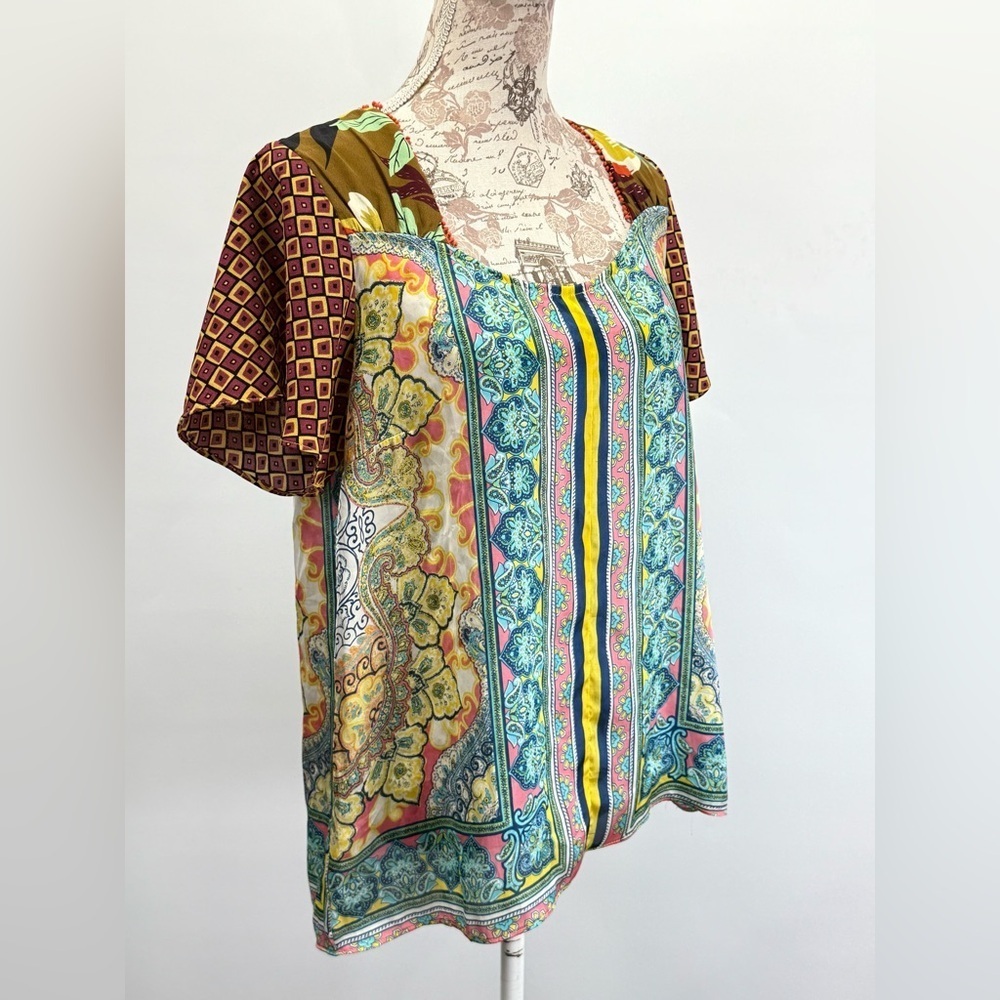 ODDY Yellow and Blue multi graphic print silky top size M - Picture 5 of 13